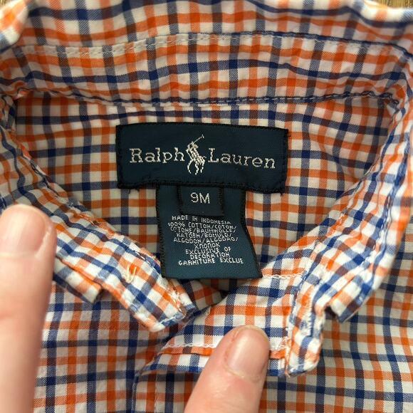 Ralph Lauren Infant 9 Months Orange & Blue Gingham Plaid Short Sleeve Button Up - Picture 2 of 7